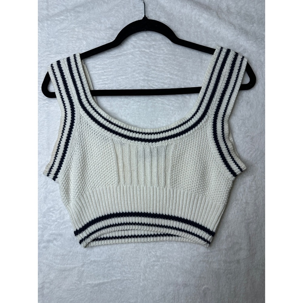 Cider Knit Crop Tank Top Women Small White Navy Blue Striped Trim